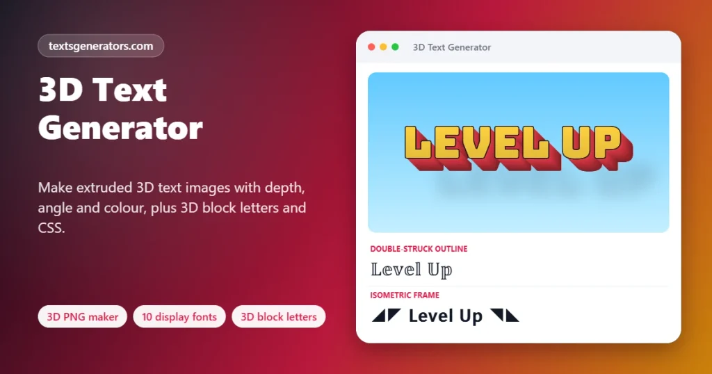 3D text generator creating yellow and red extruded Level Up lettering with a soft shadow