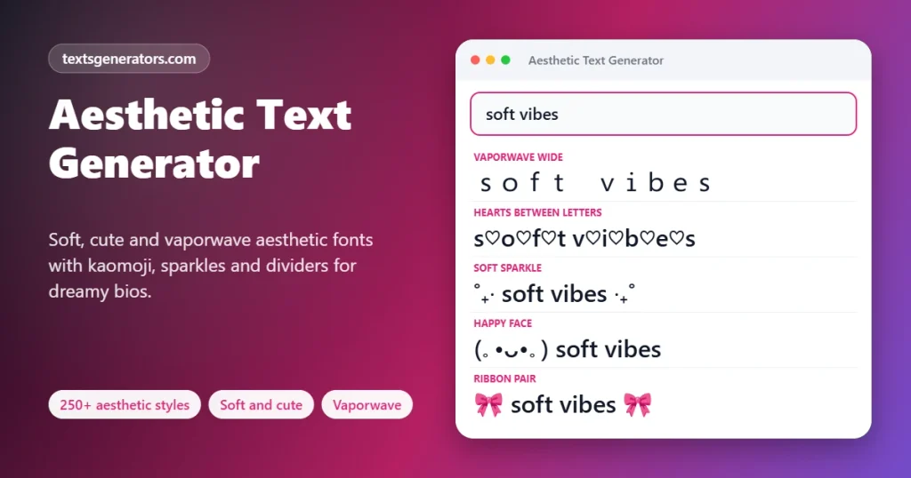 Aesthetic text generator showing soft vibes in vaporwave, hearts, sparkle, kaomoji and ribbon styles