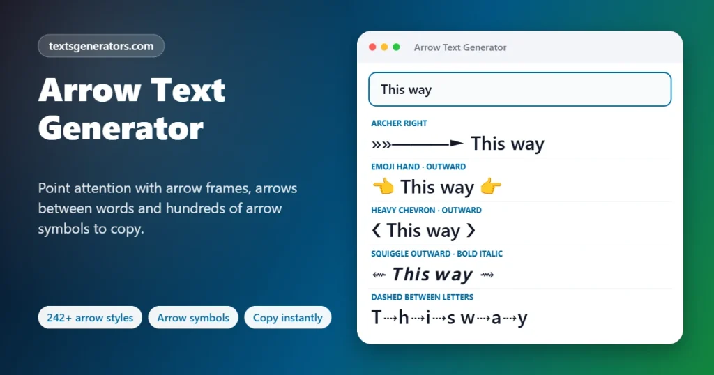 Arrow text generator adding archer arrows, pointing hands, chevrons and dashed arrows to This way