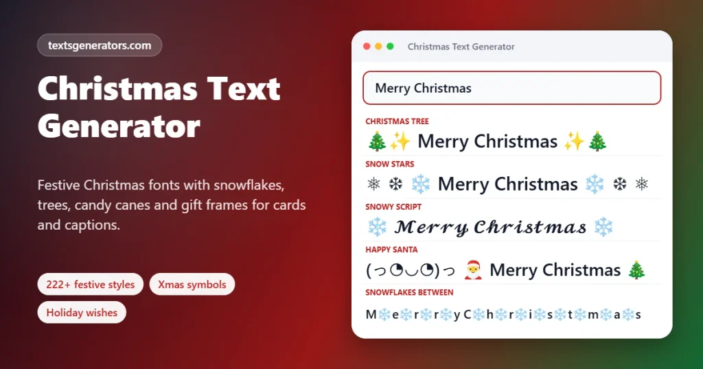 Christmas text generator decorating Merry Christmas with tree, snowflake, Santa and script styles