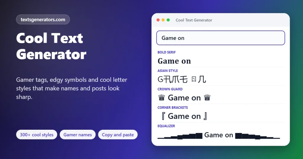 Cool text generator styling Game on with bold serif, Asian style letters, crowns, brackets and equalizer bars