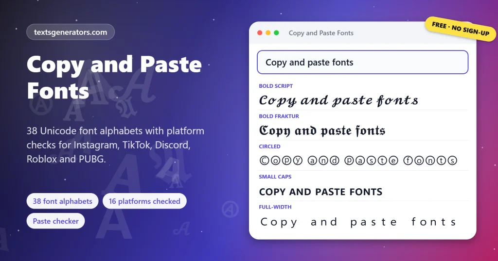 Copy and Paste Fonts showing example styles