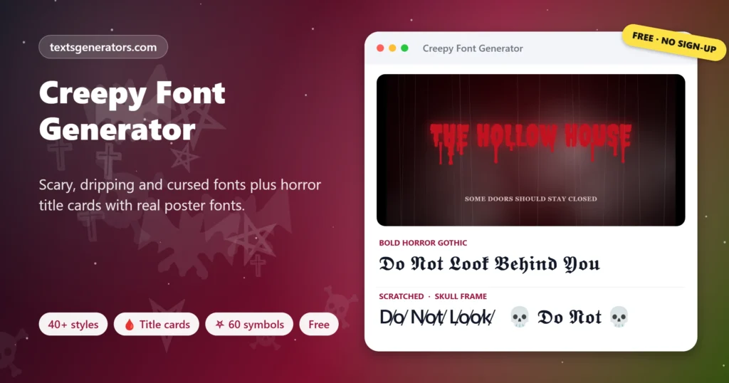 Creepy font generator with a blood red horror title card for The Hollow House and gothic and scratched scary fonts