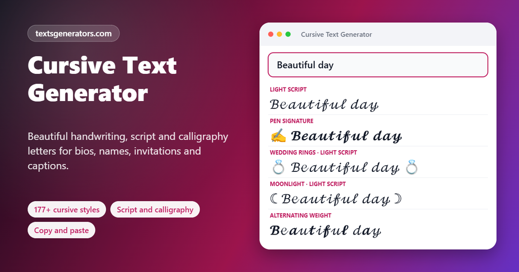 Cursive text generator writing Beautiful day in light script, pen signature and alternating script styles