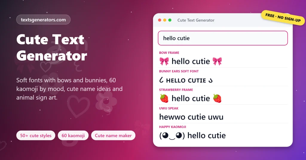 Cute text generator decorating hello cutie with bows, bunny ears, strawberries, uwu speak and kaomoji