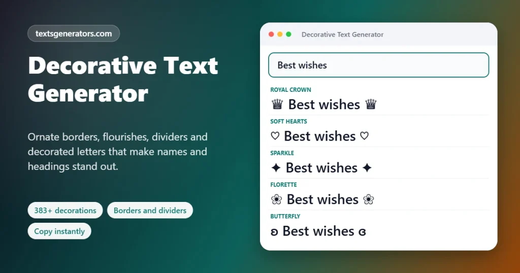 Decorative text generator framing Best wishes with crowns, hearts, sparkles, florettes and butterflies
