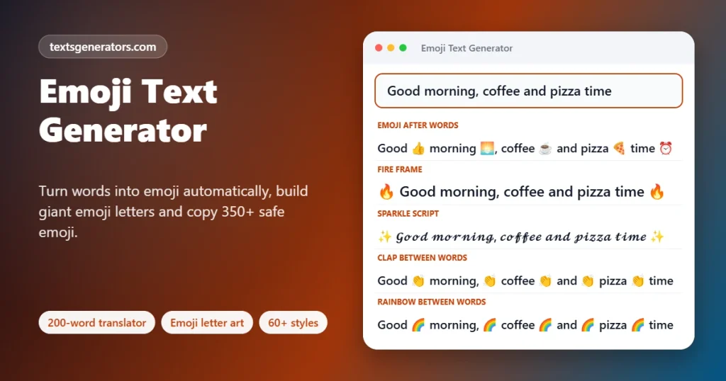 Emoji text generator showing a sentence translated into emoji, with fire, sparkle and clap styles