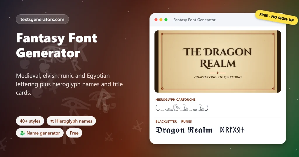Fantasy font generator with a parchment title card for The Dragon Realm, a hieroglyph cartouche, blackletter and Norse runes