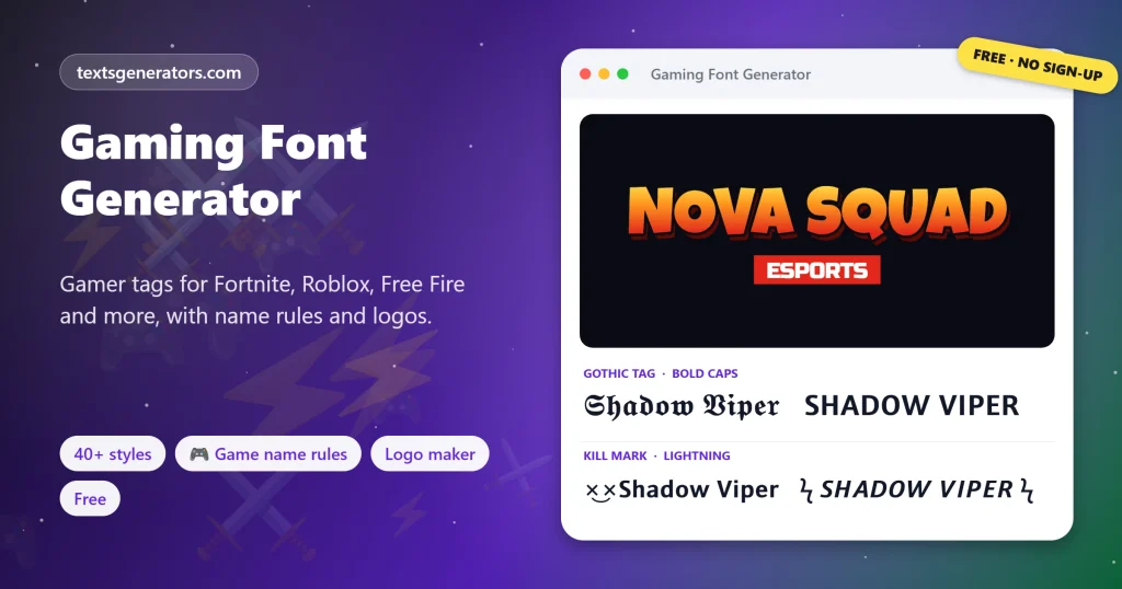 Gaming font generator with a Nova Squad esports logo and Shadow Viper as gothic, bold caps, kill mark and lightning gamer tags