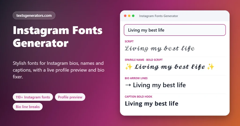 Instagram fonts generator styling Living my best life in script, sparkle, arrow and bold caption fonts