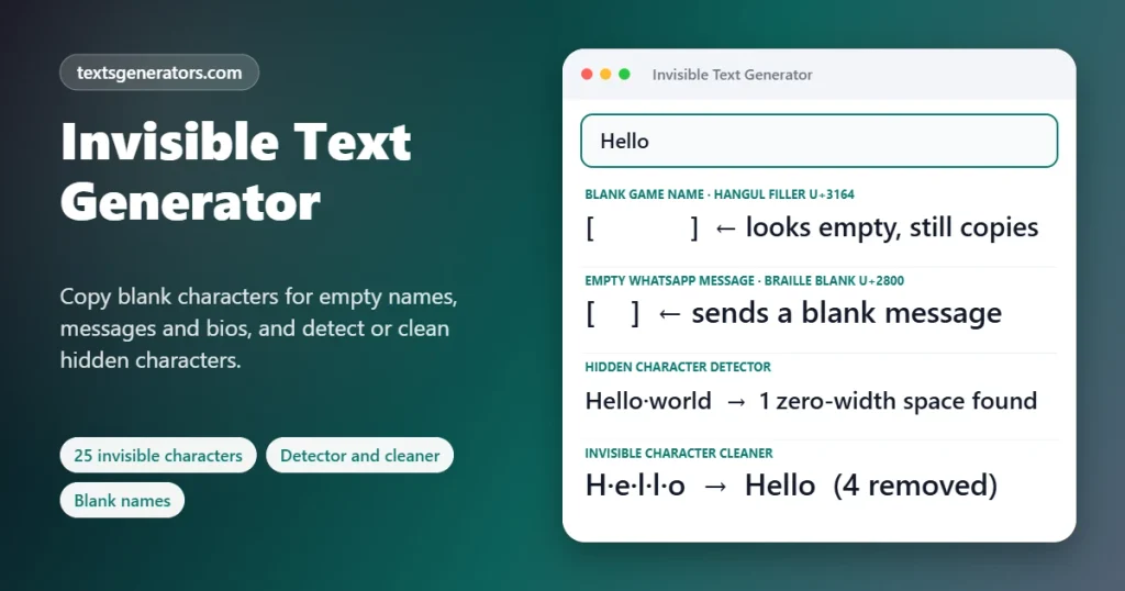 Invisible text generator showing blank game names, empty WhatsApp messages and a hidden character cleaner