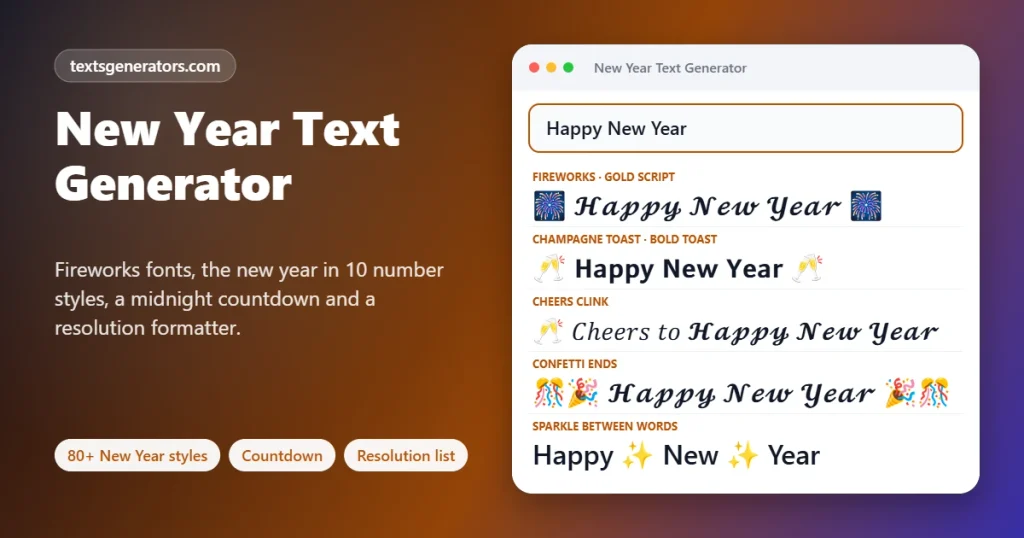 New Year text generator decorating Happy New Year with fireworks, champagne, confetti and sparkles