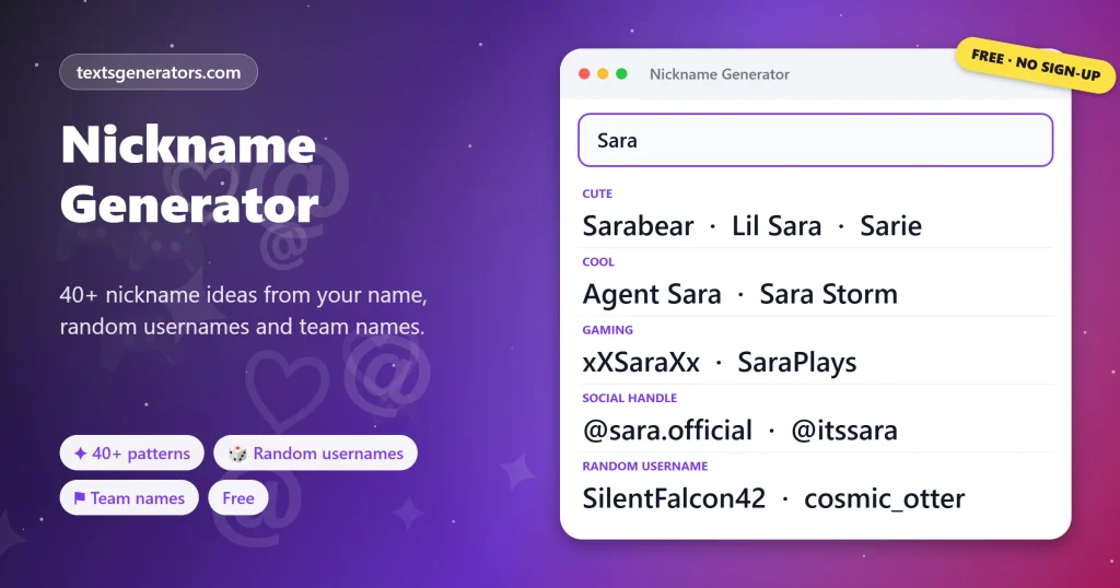 Nickname Generator showing example styles