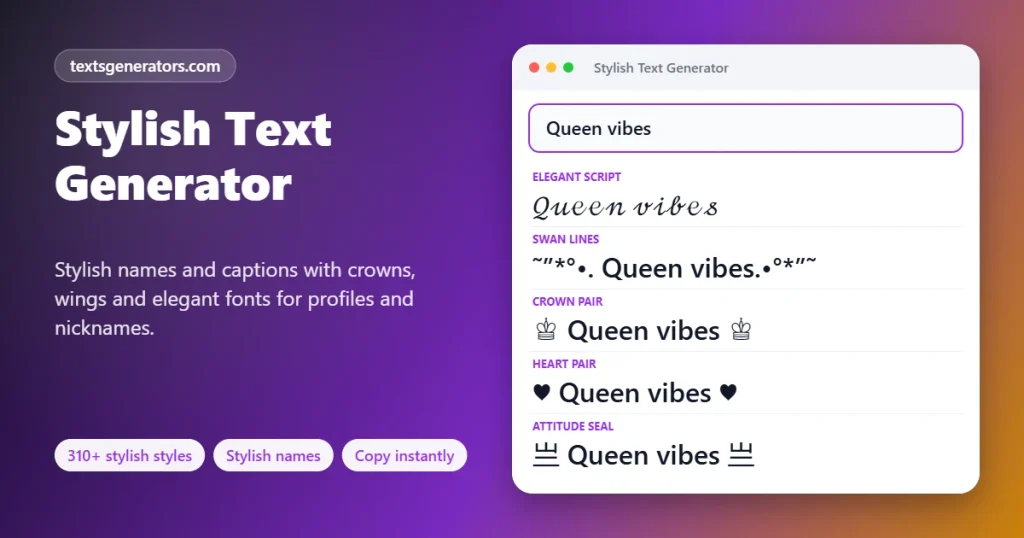 tylish text generator decorating Queen vibes with elegant script, swan lines, crowns and hearts