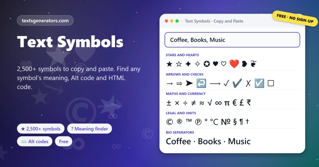 Text symbols library showing stars, hearts, arrows, check marks, maths, currency and copyright symbols ready to copy and paste