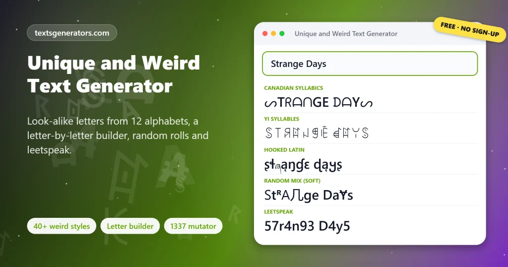 Unique and weird text generator showing Strange Days in syllabics, Yi, hooked Latin, random and leetspeak styles