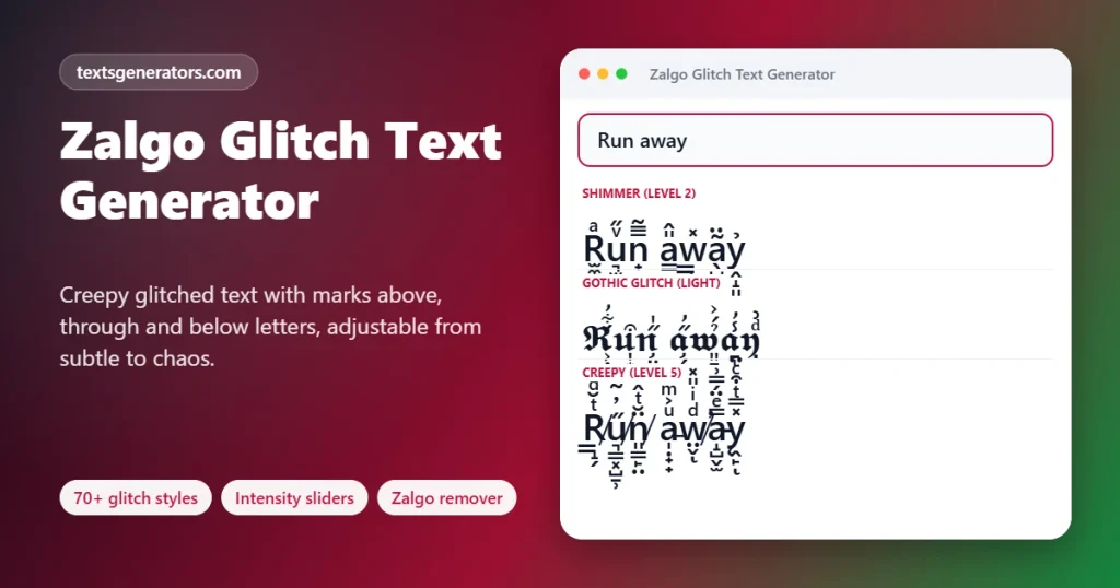 Zalgo glitch text generator distorting Run away with creepy marks above and below the letters
